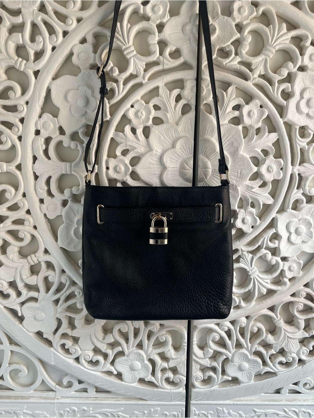 Danier Black Pebbled Leather Crossbody Bag Gold Lock Detail